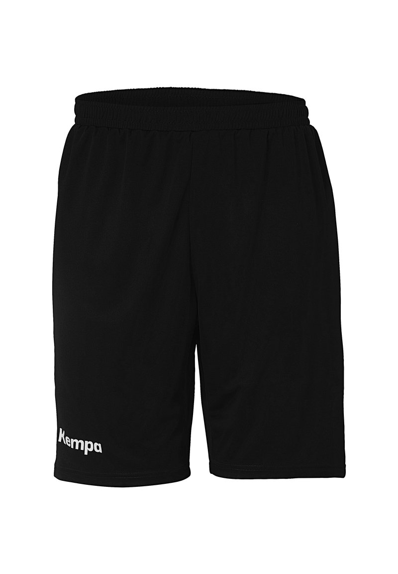 Schwarze Sportshorts aus leichtem Material mit einem elastischen Bund und einem weißen Logo auf der linken Seite. Glatte Textur.