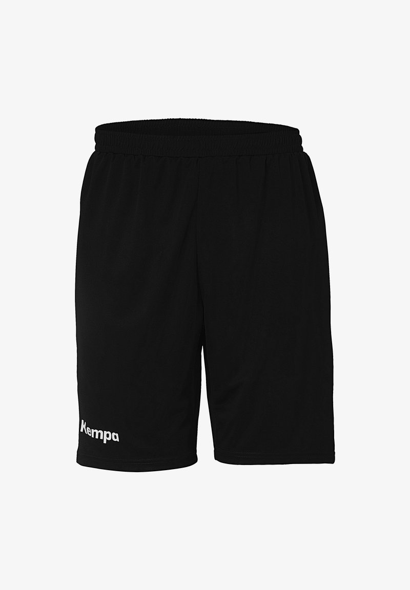 Schwarze Sportshorts aus leichtem Material mit einem elastischen Bund und einem weißen Logo auf der linken Seite. Glatte Textur.