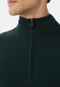 Mann in einem dunkelgrünen Strickpullover mit hohem Kragen und einem halben Reißverschluss, der einen schwarzen Ziehschieber in Form eines Buchstabens hat.