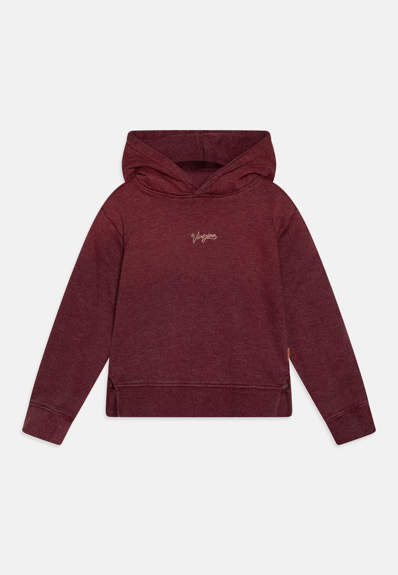 Μπορντό φούτερ με κουκούλα και ρυθμιζόμενο κορδόνι, μακριά μανίκια και πλαϊνές σχισμές, με κεντητό λογότυπο στο στήθος σε πιο ανοιχτό νήμα.