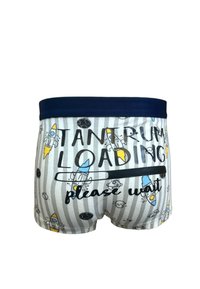 Jungen Baumwoll-Boxershorts mit einem navyfarbenen Gummibund, der ein gestreiftes Muster mit Raketenillustrationen und verspieltem Text zeigt.