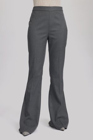 Gray flared trousers made of textured fabric, featuring a smooth waistband and vertical seams for a tailored look.