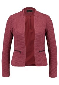 Burgundy texturerad jacka med krage, framfickor med dragkedja och en solid innerfoder. Skräddarsydd passform med ribbat mönster.