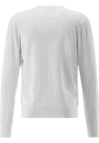 Weißer Langarm-Pullover mit Rundhalsausschnitt aus weichem Stoff. Mit gerippten Bündchen und Saum, glatter Textur und minimalistischem Design.