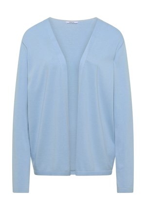 Cardigan bleu clair à manches longues, ouvert devant, avec un col en V et des poignets et un ourlet côtelés, confectionné en tissu tricoté doux.
