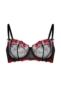 Schwarzer Spitzen-BH mit roter Blumenstickerei, Bügelunterstützung und verstellbaren Trägern. Durchsichtige Cups mit floralen Musterdetails.