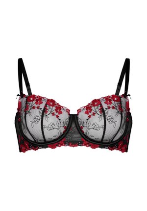 Zwarte kanten bh met rode bloemrijke borduursels, beugelondersteuning en verstelbare bandjes. Doorzichtige cups met bloemmotief details.