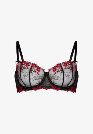 Schwarzer Spitzen-BH mit roter Blumenstickerei, Bügelunterstützung und verstellbaren Trägern. Durchsichtige Cups mit floralen Musterdetails.