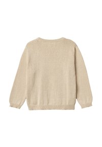 Pull en maille beige à manches longues, col rond, poignets et ourlet côtelés. Texture douce et design simple sans motifs supplémentaires.