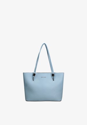 Borsa tote in pelle azzurro chiaro con doppi manici e dettagli in argento, con il nome discreto del brand "pierre cardin" sul davanti.