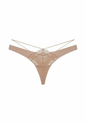Nude lace thong featuring intricate floral patterns, thin straps, and a soft, sheer texture with minimal coverage.