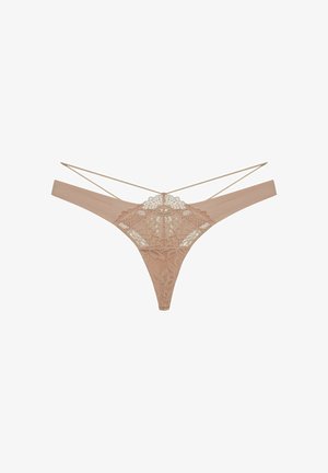 Nude lace thong featuring intricate floral patterns, thin straps, and a soft, sheer texture with minimal coverage.