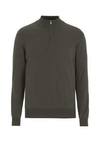 Mörkgrön polotröja med hög krage, dragkedja och långa ärmar. Har en ribbad nederkant och manschetter för en figurnära passform.