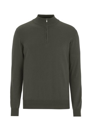 Maglione verde scuro con collo alto, chiusura con zip e maniche lunghe. Presenta un orlo e polsini a coste per un aspetto aderente.