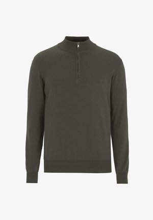 Donkergroen pullover trui met hoge nek, ritsluiting en lange mouwen. Heeft een geribde onderkant en manchetten voor een aansluitende look.