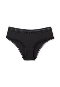 Bikini in cotone nero a coste con pizzo e un piccolo fiocco centrale davanti. Texture liscia, design a copertura totale.