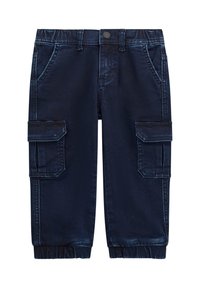 Pantaloni cargo in denim scuro con due tasche laterali, polsini elastici e vita classica. Presentano una leggerissima texture sbiadita.