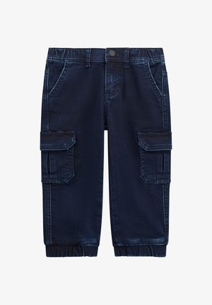Donker denim cargo broek met twee zijzakken, elastische boorden en een klassieke tailleband. Kenmerkt zich door een subtiele vervaagde textuur.
