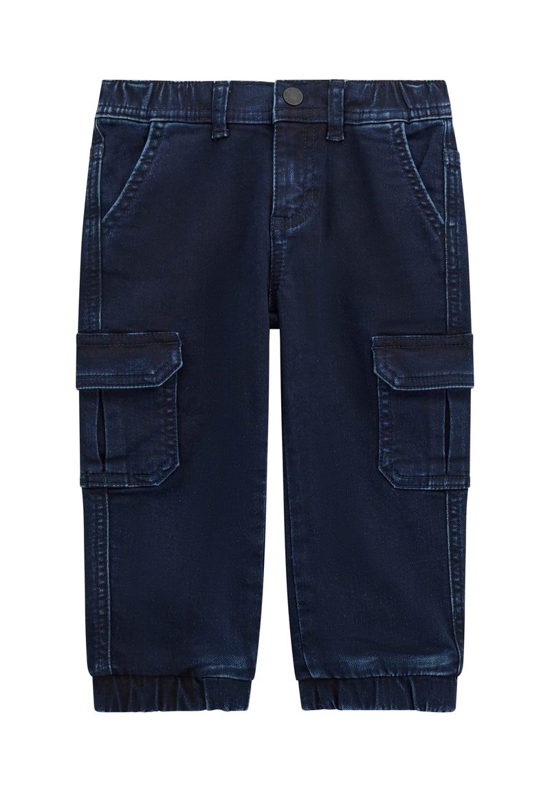 Pantaloni cargo in denim scuro con due tasche laterali, polsini elastici e vita classica. Presentano una leggerissima texture sbiadita.