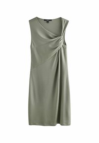 Ärmelloses Kleid aus olivgrünem Stoff, mit einem verdrehten Knoten-Detail an der Schulter und drapierter Optik, glatter Textur und knielangem Schnitt.