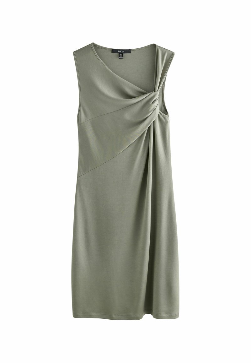 Ärmelloses Kleid aus olivgrünem Stoff, mit einem verdrehten Knoten-Detail an der Schulter und drapierter Optik, glatter Textur und knielangem Schnitt.