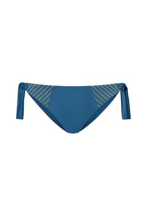 Pantaloni bikini blu con lacci laterali, caratterizzati da una texture liscia. La parte anteriore include pannelli decorati in un materiale a contrasto.