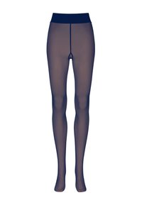 Marineblaue, transparente Strumpfhosen mit glatter Textur und elastischem Bund. Verfügen über verstärkte Zehen und eine mittige Naht an der Vorderseite.