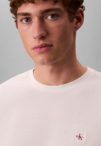 Hvid tekstureret t-shirt med rund hals og et lille rødt Calvin Klein-logo på venstre bryst. Glat stof med diskret ternet mønster.