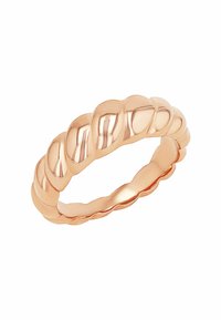 Anello in oro rosa con un design intrecciato e testurizzato, bordi lisci e arrotondati, e una fascia continua.