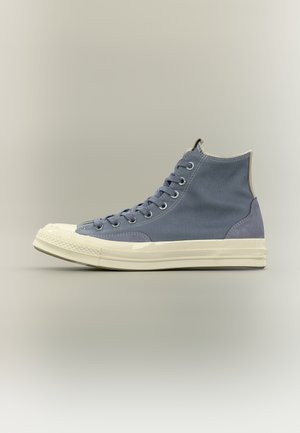 Hoher Leinenschuh in gedämpftem Blau mit weißer Gummisohle und Zehenkappe, seitlich auf neutralem Hintergrund gezeigt.