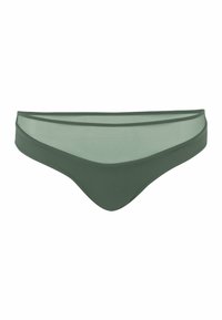 Bas de bikini transparent vert foncé avec une texture lisse, doté d'une silhouette taille basse et d'une couverture minimale. Sans motifs ni détails matériels.