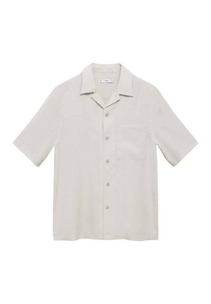 Hellbeige kurzärmliges Hemd aus glattem Stoff. Verfügt über einen klassischen Kragen, sechs Knöpfe und eine einzelne Brusttasche.