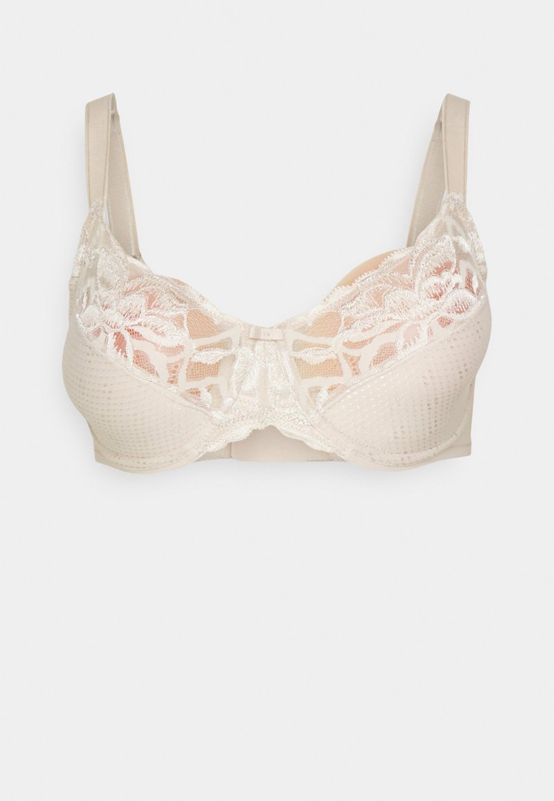 Béžová podprsenka s krajkovým překrytím, vystuženými košíčky a texturovanou tkaninou. Nastavitelné ramínka a zapínání vpředu. Vlnkované okraje podél výstřihu.