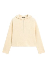 Hoodie corto di colore crema con texture a coste, dotato di zip frontale e un ampio cappuccio. Maniche lunghe e vestibilità comoda.