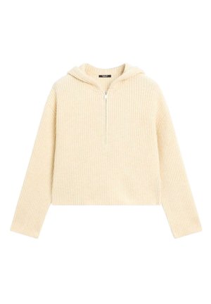 Hoodie corto di colore crema con texture a coste, dotato di zip frontale e un ampio cappuccio. Maniche lunghe e vestibilità comoda.