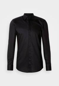 Fekete, hosszú ujjú, gombos ing, sima anyagból. Klasszikus gallérral, elöl gombos zárral és kontrasztos mandzsettákkal rendelkezik.