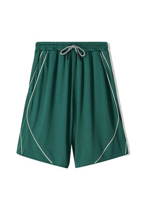 Groene sportshorts van gaas met een elastische tailleband, verstelbaar trekkoord en witte piping aan de zijkanten. Lichtgewicht en ademend materiaal.