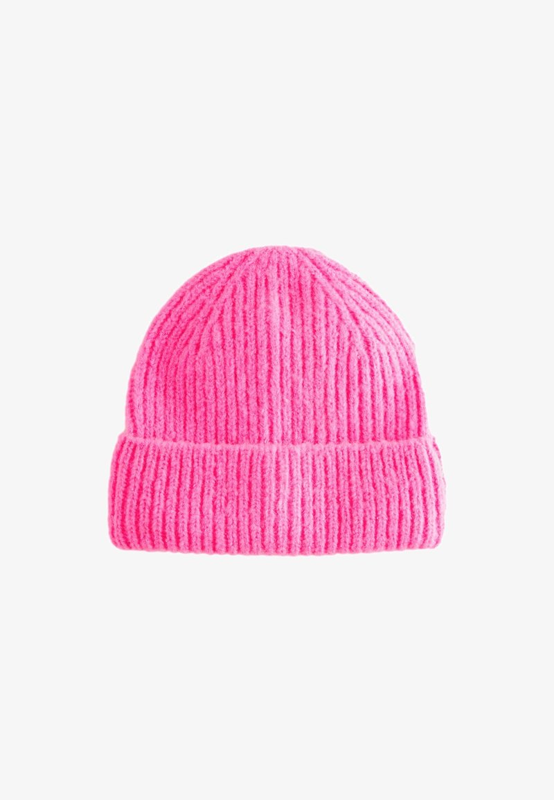 Bonnet tricoté rose avec texture côtelée et revers plié. Matériau doux, forme cylindrique, motif uniformément cousu partout.