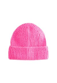 Pink knit beanie with ribbed texture and a folded cuff. Soft material, cylindrical shape, evenly stitched pattern throughout.