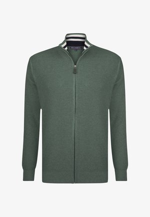 Grüner Zip-Up-Pullover mit gerippter Textur, gestreiftem Kragen in Marineblau und Weiß, langen Ärmeln und geradem Schnitt.