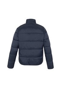 Marineblauer gepolsterter Mantel mit Stehkragen, gestepptem Design und elastischen Bündchen. Weiche Textur, kurze Länge, keine sichtbaren Verschlüsse auf der Rückseite.