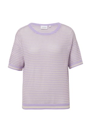 Lavender mesh gebreid t-shirt met korte mouwen en een ronde halslijn, afgewerkt met contrasterende ribbeltrim. Bevat een textuurstof en heeft een relaxte pasvorm.