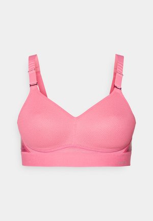 Soutien-gorge en mesh rose avec des bonnets lisses, des bretelles réglables et un large bande élastique; présente un motif texturé et un design sans coutures.