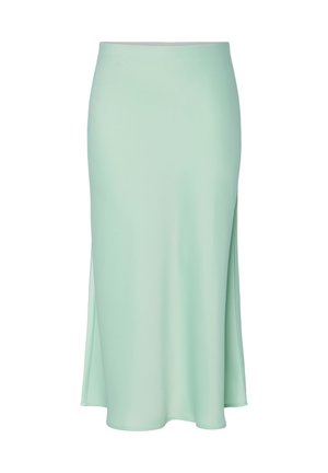 Mätová zelená midi sukňa z hladkej tkaniny, s jemným áčkovým strihom a bočným rozparkom pre zvýraznenie detailu.