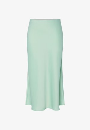 Gonna midi verde menta realizzata in tessuto liscio, caratterizzata da una leggera forma a trapezio e da una spacco laterale per un dettaglio extra.