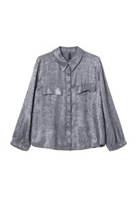 Silberne Metallic-Bluse mit langen Ärmeln, einem Kragen und zwei Brusttaschen. Halbtransparenter Stoff mit leicht strukturiertem Finish.