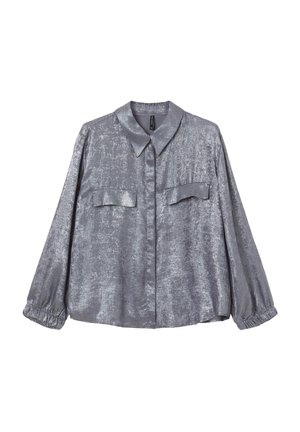 Silver metallic blouse with long sleeves, a collar, and two front pockets. Semi-sheer fabric with a slightly textured finish.