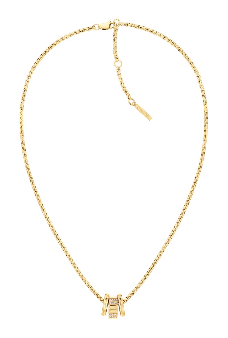 Gold chain necklace with a sleek design, featuring a decorative clasp and small clear stones embedded in the centerpiece.