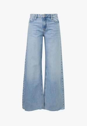 Light blue wide-leg denim jeans with high waist, front button, zipper, side pockets, and raw frayed hem.