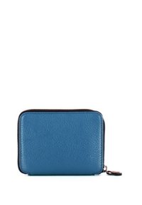 Portafoglio in pelle blu con finitura texture, forma rettangolare, zip nera e un piccolo accessorio in metallo sul tirazip.